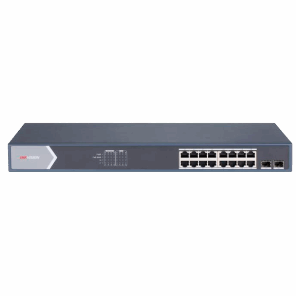 Switch PoE Hikvision - 16 puertos RJ45 GE + 2 puertos Gigabit SFP - 16 Puertos PoE+ 802.3af/at - Hasta 225w de Potencia PoE Total - PoE Extendido / PoE Watchdog / Port Isolation - Instalación en rack/pared/sobremesa