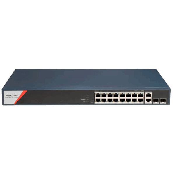 Switch PoE Hikvision - 16 puertos RJ45 GE + 2 puertos Gigabit RJ45/SFP - 16 Puertos PoE+ 802.3af/at/bt - Hasta 230w de Potencia PoE Total - PoE Extendido / PoE Watchdog / Port Isolation - Instalación en rack/pared/sobremesa