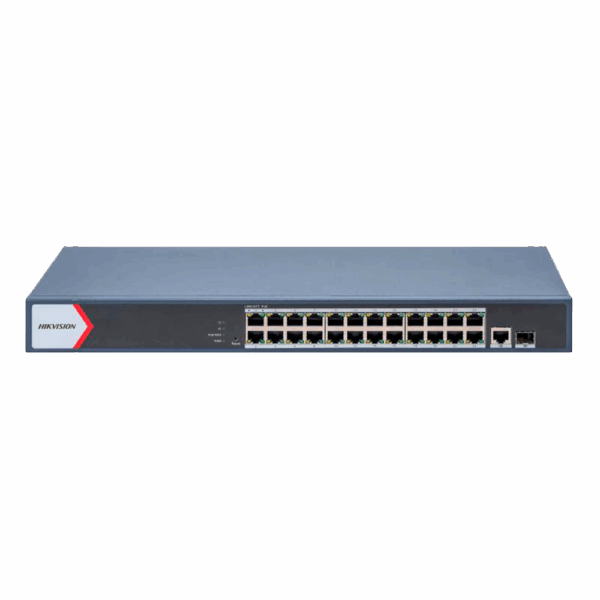 Switch PoE Hikvision - 24 puertos RJ45 GE + 1 puerto Gigabit RJ45/SFP - 24 Puertos PoE+ 802.3af/at - Hasta 370w de Potencia PoE Total - PoE Extendido / PoE Watchdog / Port Isolation - Instalación en rack/pared/sobremesa