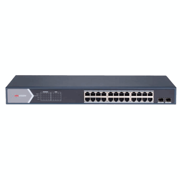 Switch PoE Hikvision - 24 puertos RJ45 GE + 2 puertos Gigabit SFP - 24 Puertos PoE+ 802.3af/at - Hasta 370w de Potencia PoE Total - PoE Extendido / PoE Watchdog / Port Isolation - Instalación en rack/pared/sobremesa