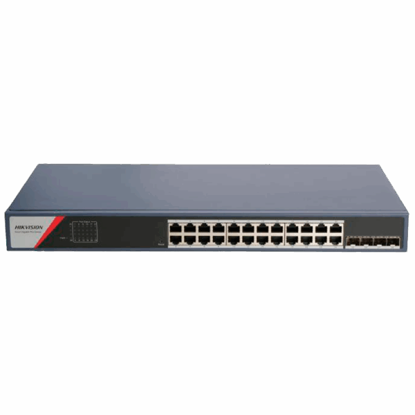 Switch PoE Hikvision - 24 puertos RJ45 GE + 4 puertos Gigabit SFP - Port Isolation / Link Aggregation - Loop Prevention / QoS - DHCP Snooping / ACL