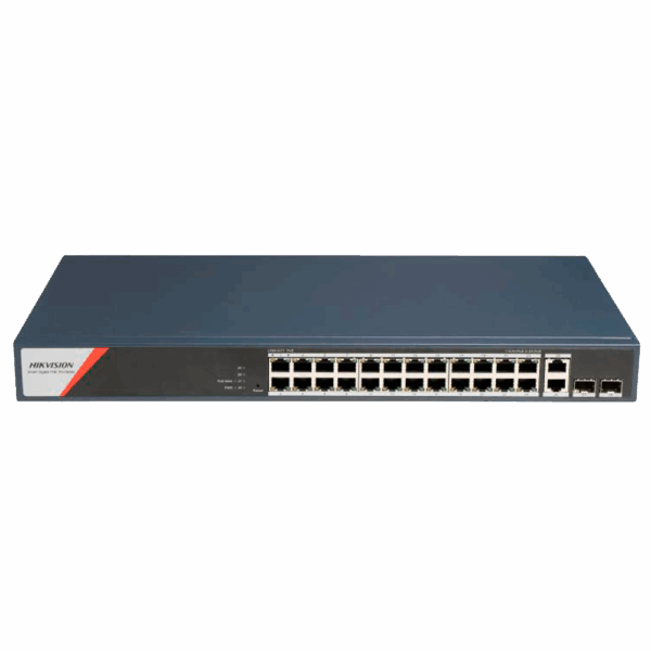 Switch PoE Hikvision - 24 puertos RJ45 GE + 2 puertos Gigabit RJ45/SFP - 24 Puertos PoE+ 802.3af/at/bt - Hasta 370w de Potencia PoE Total - PoE Extendido / PoE Watchdog / Port Isolation - Instalación en rack/pared/sobremesa