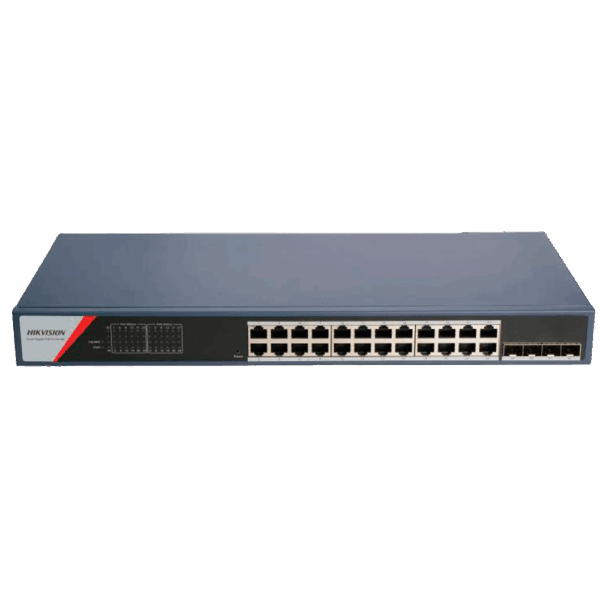 Switch PoE Hikvision - 24 puertos RJ45 GE + 4 puertos Gigabit SFP - 24 Puertos PoE+ 802.3af/at - Hasta 370w de Potencia PoE Total - PoE Extendido / PoE Watchdog / Port Isolation - Instalación en rack/pared/sobremesa