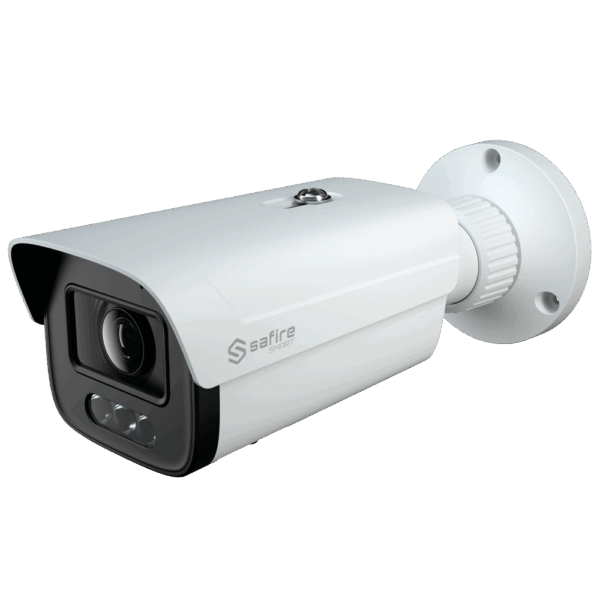 Safire Smart cámara Bullet IP gama E1 con AI-ISP - Sensor 1/2.9" gran apertura F1.0 Night Color X - Resolución 4 Megapíxel (2688x1520) | MicroSD - Lente MOTO 2.8-12mm | Mic. integrado | LED 30m - AI: Clasificación de humano y vehículo | Conteo - Impermeabilidad IP67 | PoE (IEEE802.3af)