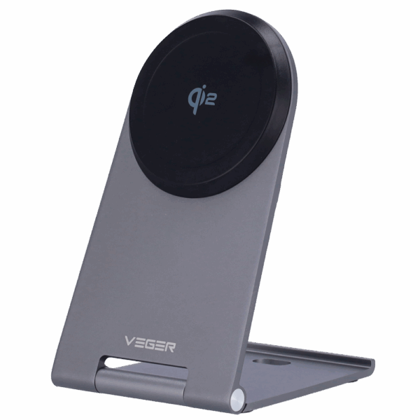 Cargador inalámbrico VEGER - Potencia 15W - Entrada USB-C - Carga rápida - Salida inalámbrica | MagSafe - Con soporte plegable | Color plateado