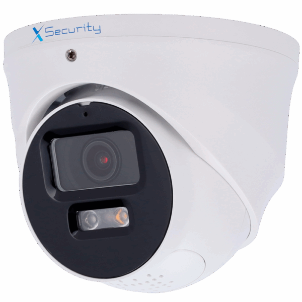 X-Security Cámara IP Turret  - 4 Megapíxel  (2688x1520) - Lente 2.8mm / DualLight (30m IR+30m Luz blanca) - WDR 120 dB | Disuasión activa con altavoz y luz - WizSense