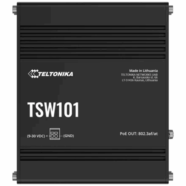 Teltonika Switch PoE No gestionable Industrial - 5 puertos Ethernet RJ45 Gigabit - 4 Puertos Ethernet PoE+ 802.3af/at - Hasta 30W por Puerto PoE - Hasta 60W de Potencia PoE - Rugerizado Carcasa Aluminio