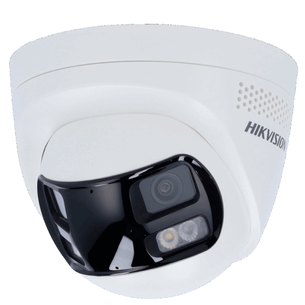 Cámara Turret IP Hikvision gama Value - Resolución 8 MP (4256x1888) - Lente dual 2 mm visión panorámica - Luz híbrida 30 m | Sirena y flash disuasorios - Detección de movimiento 2.0 | MicroSD - Micrófono y altavoz integrados | PoE | IP67