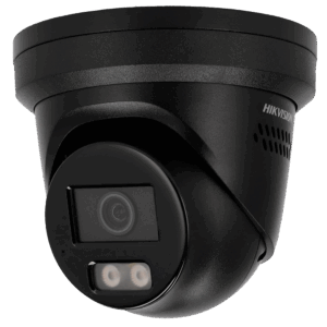 Hikvision - Cámara Turret IP gama PRO - Resolución 4 Megapíxel | PoE | ColorVu - 2.8 mm | Micrófono | Sirena y flash disuasorio - Luz híbrida 30 m | Detección de movimiento 2.0 - AcuSense | Reconocimiento facial | IP67 | Negra