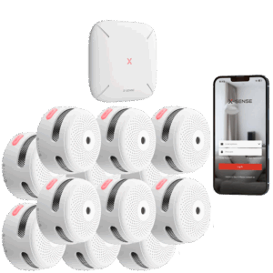 Kit de detección de incendio autónomo X-Sense - Inlcuye 12 detectores de humo XS01-M y Hub SBS50 - Conexión con HUB SBS50 para comunicación por APP - Permite conectar 50 detectores en la misma red - Alarma sonora 85 dB a 3m - Certificado EN 14604