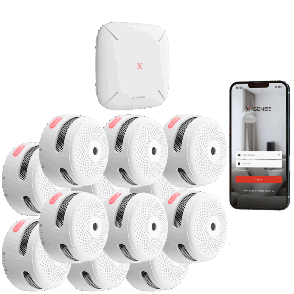 Kit de detección de incendio autónomo X-Sense - Inlcuye 12 detectores de humo XS01-M y Hub SBS50 - Conexión con HUB SBS50 para comunicación por APP - Permite conectar 50 detectores en la misma red - Alarma sonora 85 dB a 3m - Certificado EN 14604