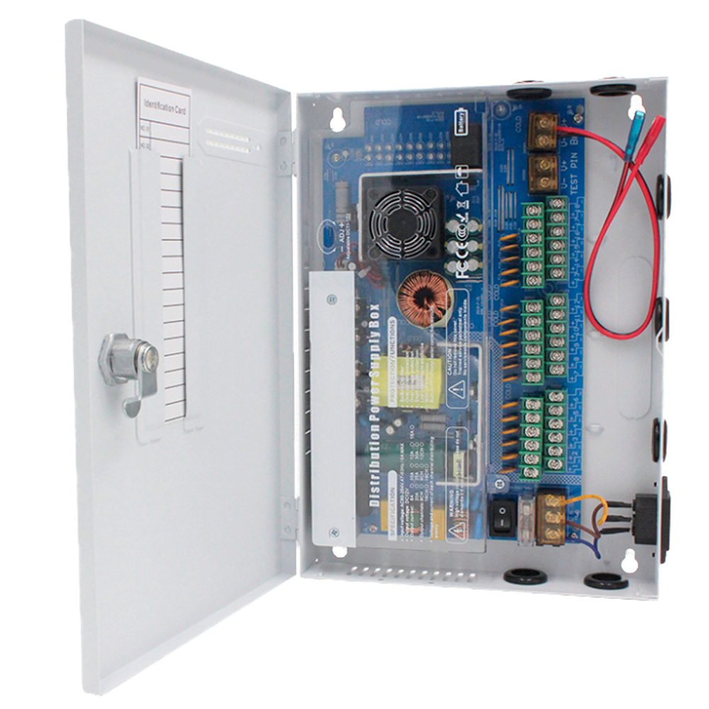 Caja de distribución de alimentación - Entrada AC 180 V~246 V - 18 salidas Fuse - Protección por fusible rearmable - Voltaje de salida 12 V / 250 W - Carcasa metálica
