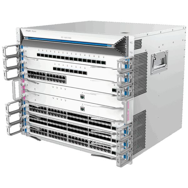 Reyee Switch Modular de Chasis L3 - 6 Slot de Expansión (Tamaño total de 9U) - Hasta 288 puertos GE / 288 SFP GE / 96 SFP+ - Static LAG/DHCP Snoop/IGMP Snoop/Port Mirror - VLAN/Port Isolation/STP/RSTP/ACL/QoS/802.1X - Servidor DHCP/Rutas estáticas/RIP/OSPF/SNMP