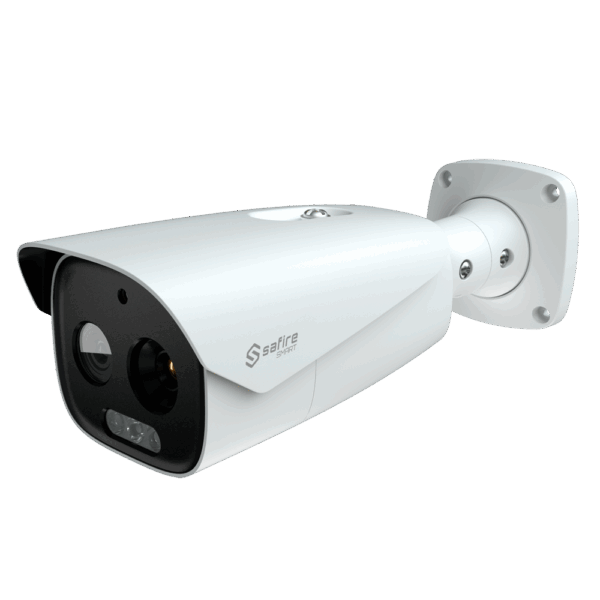 Cámara térmica Dual Bullet IP Safire Smart - Sensor térmico 12 μm 384x288 VOx | Lente 9 mm - Sensor óptico 1/2.7” 5 Mpx | Lente 8 mm - Sensibilidad térmica ≤ 35mK - AI basado en clasificación de humano y vehículo - Rango medición temp -20~150ºC / ± 8ºC