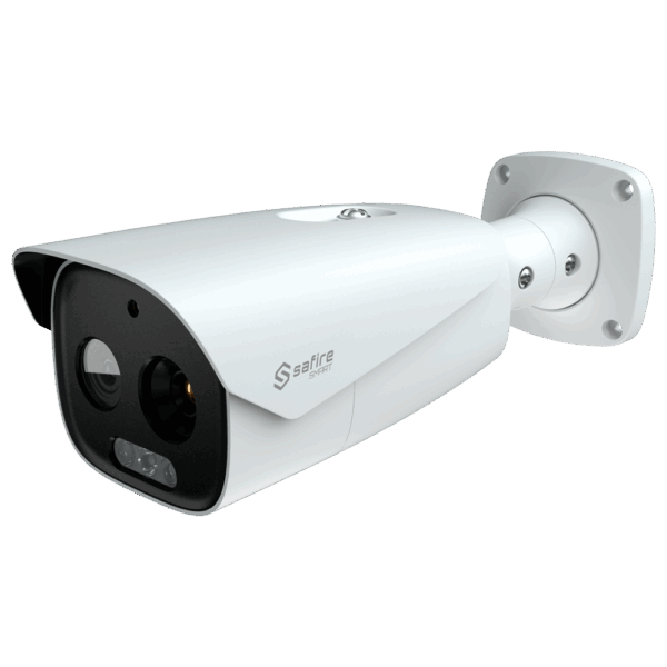 Cámara térmica Dual Bullet IP Safire Smart - Sensor térmico 12 μm 640x512 VOx | Lente 25 mm - Sensor óptico 1/2.7” 5 Mpx | Lente 12 mm - Sensibilidad térmica ≤ 35mK - AI basado en clasificación de humano y vehículo - Rango medición temp -20~150ºC / ± 8ºC