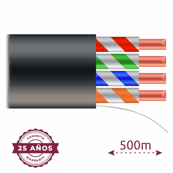 Cable UTP - Categoría 5E - Rollo de 500 metros - Cubierta color negro - Diámetro 5.5 mm - Cubierta especial para exterior