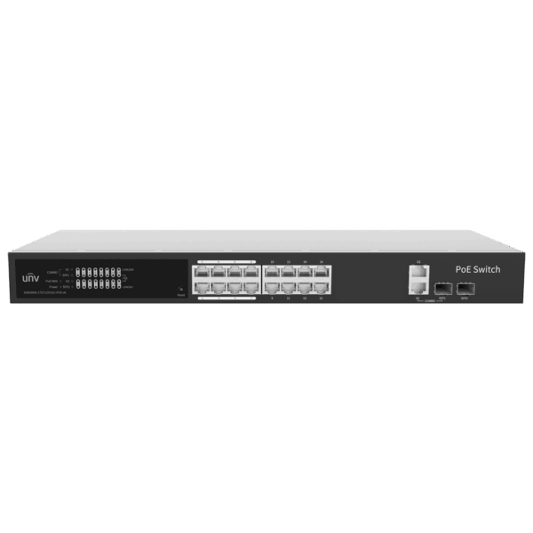 Uniview Switch PoE Cloud Gestionable - 16 PoE802.3af/at + 2 uplink RJ45 + 2 SFP - 16 RJ45 FE + 2 GE + 2 SFP - 30W por puerto 802.3af/at / Máximo 250W - VLAN/Port Isolation/Loop Detection - Port Speed Limit
