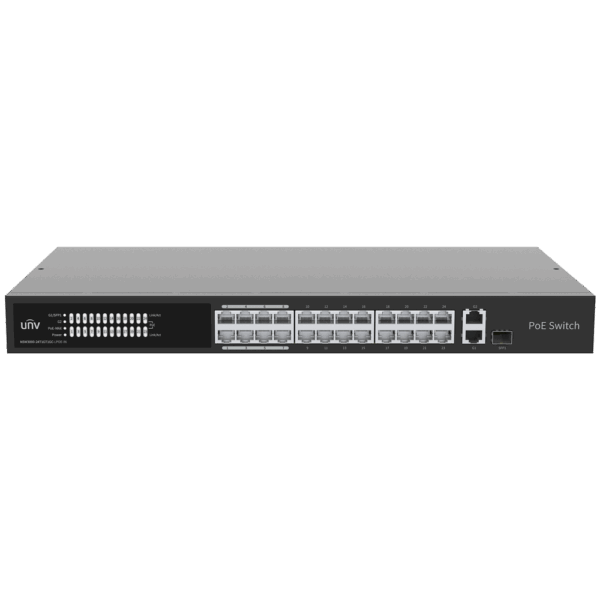 Uniview Switch PoE Cloud Gestionable - 24 PoE802.3af/at + 1 uplink RJ45 +1 uplink Combo - 24 RJ45 FE + 2 RJ45 GE + 1 SFP - 30W por puerto 802.3af/at / Máximo 250W - VLAN/Port Isolation/Loop Detection - Port Speed Limit