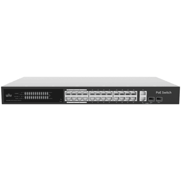 Uniview Switch PoE Cloud Gestionable - 24 PoE802.3af/at + 2 uplink RJ45 + 2 SFP - 24 RJ45 FE + 2 GE + 2 SFP - 30W por puerto 802.3af/at / Máximo 250W - VLAN/Port Isolation/Loop Detection - Port Speed Limit