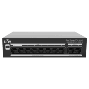 Uniview Switch PoE Cloud Gestionable - 8 PoE802.3af/at + 2 uplink RJ45 - 8 RJ45 10/100 Mbps + 2 RJ45 10/100/1000 Mbps - 30W por puerto 802.3af/at / Máximo 65W - VLAN/Port Isolation/Loop Detection - Port Speed Limit