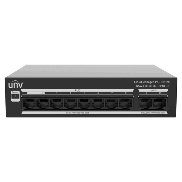 Uniview Switch PoE Cloud Gestionable - 8 PoE802.3af/at + 2 uplink RJ45  - 8 RJ45 10/100 Mbps + 2 RJ45 10/100/1000 Mbps - 30W por puerto 802.3af/at / Máximo 65W - VLAN/Port Isolation/Loop Detection - Port Speed Limit