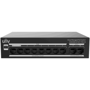 Uniview Switch PoE Cloud Gestionable - 8 PoE802.3af/at + 2 uplink RJ45 - 8 RJ45 10/100 Mbps + 2 RJ45 10/100/1000 Mbps - 30W por puerto 802.3af/at / Máximo 120W - VLAN/Port Isolation/Loop Detection - Port Speed Limit