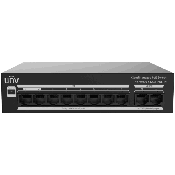 Uniview Switch PoE Cloud Gestionable - 8 PoE802.3af/at + 2 uplink RJ45  - 8 RJ45 10/100 Mbps + 2 RJ45 10/100/1000 Mbps - 30W por puerto 802.3af/at / Máximo 120W - VLAN/Port Isolation/Loop Detection - Port Speed Limit