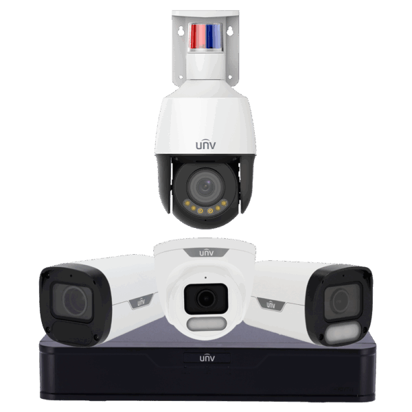 Kit de Videovigilancia Uniview - NVR 8CH PoE | AcuSearch | SIP | UMD - Bullet 4 MP Wise-ISP | SIP Lite | 2.8 mm - Turret4 MP Wise-ISP | SIP Lite | 2.8 mm - Bullet 4 MP | Lente varifocal | 2.8~12 mm - PTZ 4MP 5x Wise-ISP Triguard | 2.7~13.5 mm