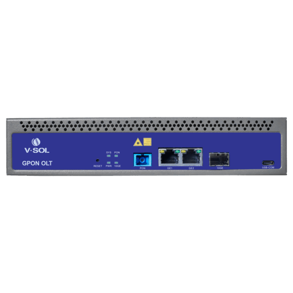 V-SOL Single Pon Gpon OLT  - 2 Puertos RJ45 10/100/1000 Mbps + 1 Puerto SFP+ 1/10Gigabit - Hasta 128 ONT por equipo - Distancia de transmisión hasta 20 km - Enrutamiento Capa 3 ( NAT