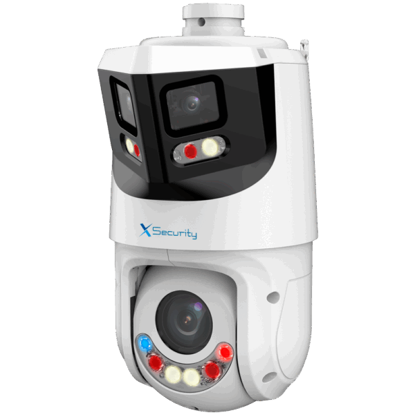 X-Security IP tándem gama ULTRA - Doble Lente (Panorámica 8Mpx + PTZ 4Mpx) - Lente PTZ 5~125 mm | 25X | PoE+ - Lente panorámica 2.8 mm | Dual Light 100 m - AutoTracking | Alarmas | Audio | MicroSD | IP66 - IVS | SMD 4.0 | Smartlight | Alarma disuasoria