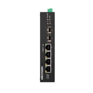 Switch Industrial PoE Hikvision - 4 puertos RJ45 Gigabit + 2 puertos Gigabit SFP - 3 Puertos PoE+ y 1 Puerto HiPoE - Hasta 60w de Potencia PoE Total - Instalación en Carril DIN
