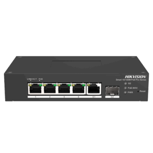 Switch PoE Hikvision - 4 puertos RJ45 FE + 1 puerto Gigabit RJ45/SFP - 4 Puertos PoE+ 802.3af/at - Hasta 60w de Potencia PoE Total - PoE Extendido / PoE Watchdog / Port Isolation - Instalación en pared/sobremesa