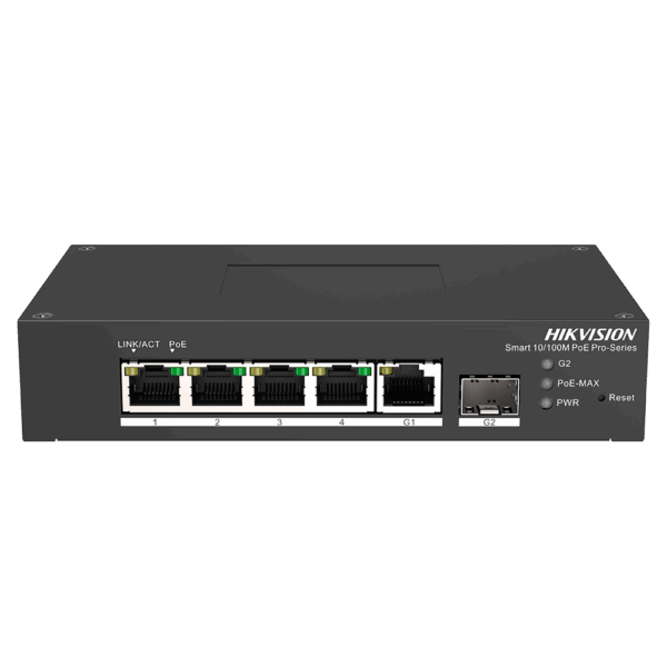 Switch PoE Hikvision - 4 puertos RJ45 FE + 1 puerto Gigabit RJ45/SFP - 4 Puertos PoE+ 802.3af/at - Hasta 60w de Potencia PoE Total - PoE Extendido / PoE Watchdog / Port Isolation - Instalación en pared/sobremesa