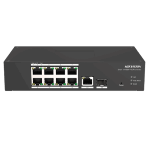 Switch PoE Hikvision - 8 puertos RJ45 FE + 1 puerto Gigabit RJ45/SFP - 8 Puertos PoE+ 802.3af/at - Hasta 110w de Potencia PoE Total - PoE Extendido / PoE Watchdog / Port Isolation - Instalación en pared/sobremesa