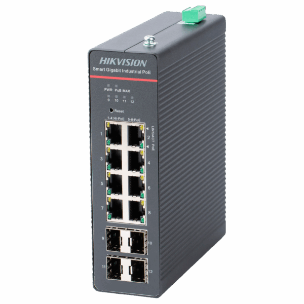Hikvision Switch Industrial PoE Cloud Capa 2 - 8 puertos PoE+ Gigabit + 4 puertos SFP Gigabit - Compatible 802.3af/at/bt  / Máximo 300W - Static LAG/DHCP Snoop/IGMP Snoop/Port Mirror - VLAN/Loop Prevention/STP/RSTP/ACL/Watchdog - Montaje en carril DIN