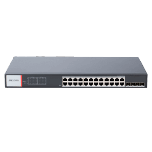 Switch PoE Hikvision - 24 puertos RJ45 GE POE + 4 puertos Gigabit SFP - Puerto 1-4 HiPoE - Hasta 480w de Potencia PoE Total - PoE Extendido / PoE Watchdog / Port Isolation - Instalación en rack/pared/sobremesa