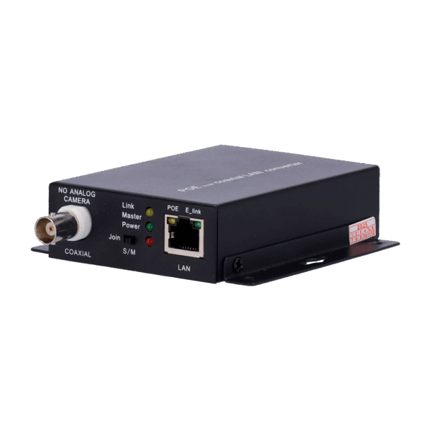 Extensor de IP por cable coaxial | PoE - Puede funcionar como emisor o receptor - Permite transmitir 1 canal IP ( se necesitan 2 ) - Distancia máxima 300 - Ancho de banda hasta 100 Mbps - Fuente de alimentación 52v 1