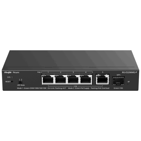 Reyee Switch PoE Cloud Capa 2 - 5 puertos PoE MultiGigabit+ 1 10Gbps SFP+ -  PoE 802.3af/at hasta 30w / Máximo 70W - Static LAG/DHCP Snoop/Port Mirror - VLAN/Port Isolation/PoE Watchdog - Enrackable