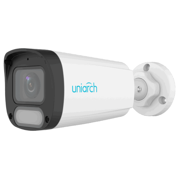 Cámara IP Bullet | Uniarch - 4 MP | Lente 4 mm | microSD 512 GB - Luz blanca 30 m | WDR 120 dB - Color Hunter con tecnología WISE-ISP - PoE | UMD | IP67 - Botón de reset | Micrófono incorporado