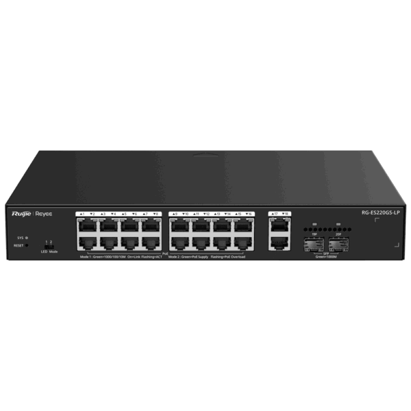 Reyee Switch PoE Cloud Gestionable - 16 PoE 802.3af/at + 2 SFP + 2 uplink RJ45 - 26 RJ45 10/100/1000Mbps + 2 SFP 10/100/1000 - 30W por puerto 802.3af/at / Máximo 130W - VLAN/Port Isolation/Loop Detection - Port Speed Limit
