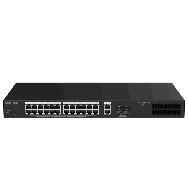 Reyee Switch PoE Cloud Gestionable - 24 PoE 802.3af/at + 2 SFP + 2 uplink RJ45 - 26 RJ45 10/100/1000Mbps + 2 SFP 10/100/1000 - 30W por puerto 802.3af/at / Máximo 250W - VLAN/Port Isolation/Loop Detection - Port Speed Limit