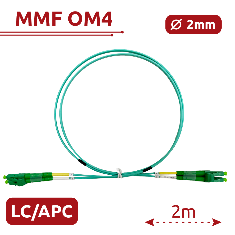 Cable de conexión de fibra óptica - Fibra multimodo OM4 - Conector LC APC dúplex - Longitud 2m - Cubierta LSZH - Compatibilidad genérica