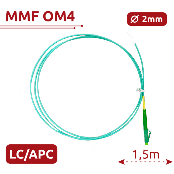 Pigtail de fibra óptica - Fibra multimodo OM4 - Conector LC APC simplex - Longitud 1.5m - Cubierta LSZH - Compatibilidad genérica