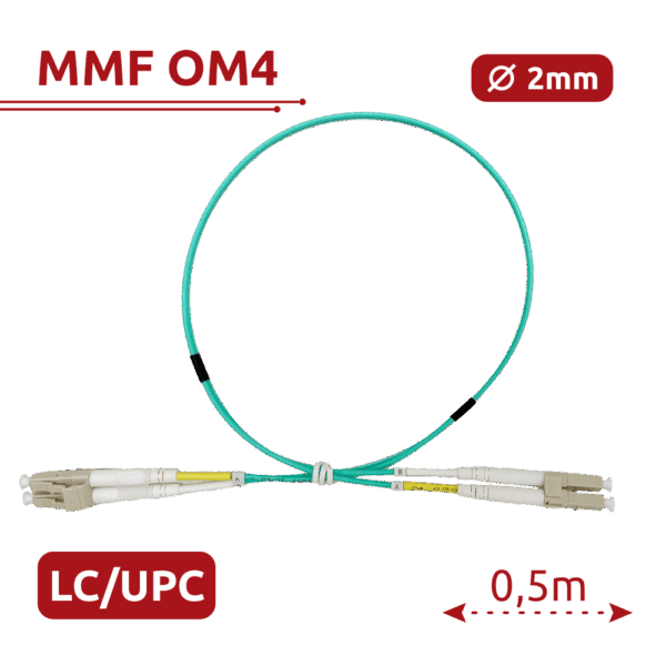 Cable de conexión de fibra óptica - Fibra multimodo OM4 - Conector LC UPC dúplex - Longitud 0.5m - Cubierta LSZH - Compatibilidad genérica