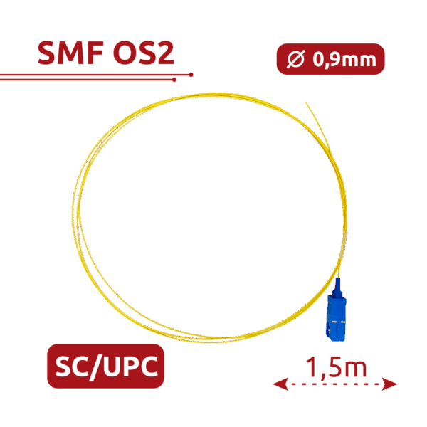 Pigtail de fibra óptica - Fibra monomodo OS2 - Conector SC UPC simplex - Longitud 1.5m - Cubierta LSZH - Compatibilidad genérica