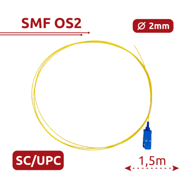 Pigtail de fibra óptica - Fibra monomodo OS2 - Conector SC UPC simplex - Longitud 1.5m - Cubierta LSZH - Compatibilidad genérica