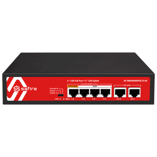 Safire Switch PoE - 4 puertos PoE + 2 Uplink RJ45 - Velocidad de puertos 10/100/1000 Mbps - 4 Puertos PoE+ 30W  - Potencia PoE total de 60W - PoE Watchdog / Auto PoE Extendido Hasta 250m