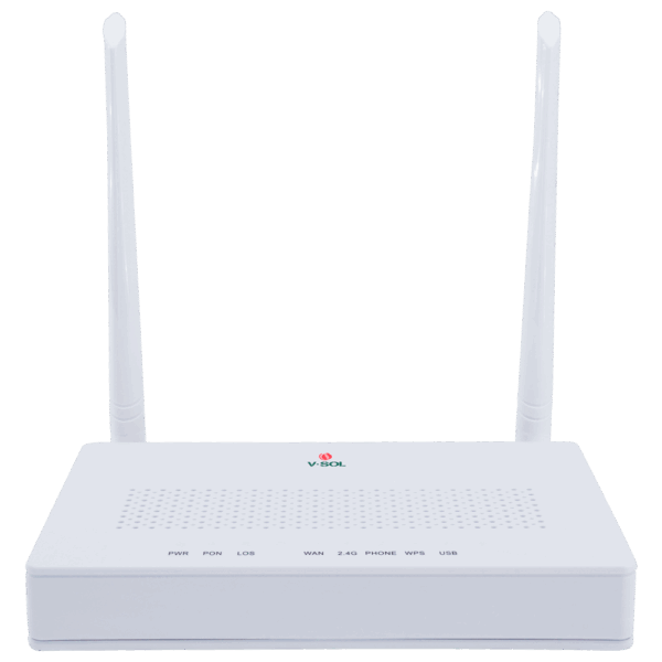 V-SOL Router ONT Wi-Fi 4 - 1X PON  4x LAN RJ45 10/100/1000Mbps 1x RJ11 - 802.11 b/g/n - Ideal para FTTH doméstico y empresarial