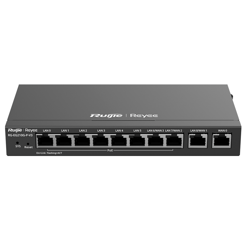 Reyee Router PoE Controlador Cloud - 8 Puertos PoE+ RJ45 GE + 2 Puertos RJ45 GE - 10 Puertos RJ45 10/100 /1000 Mbps - Admite hasta 4 WAN para failover o balanceo - Hasta 600 Mbps de ancho de banda - Servidor VPN IPSec