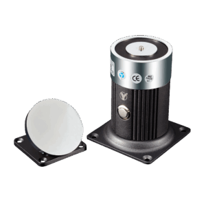 Retenedor electromágnetico - Para puerta sencilla - Fuerza de retención 180 Kg - Botón de accionado manual - Alimentación a 12/24V DC - Montaje en pared o soporte